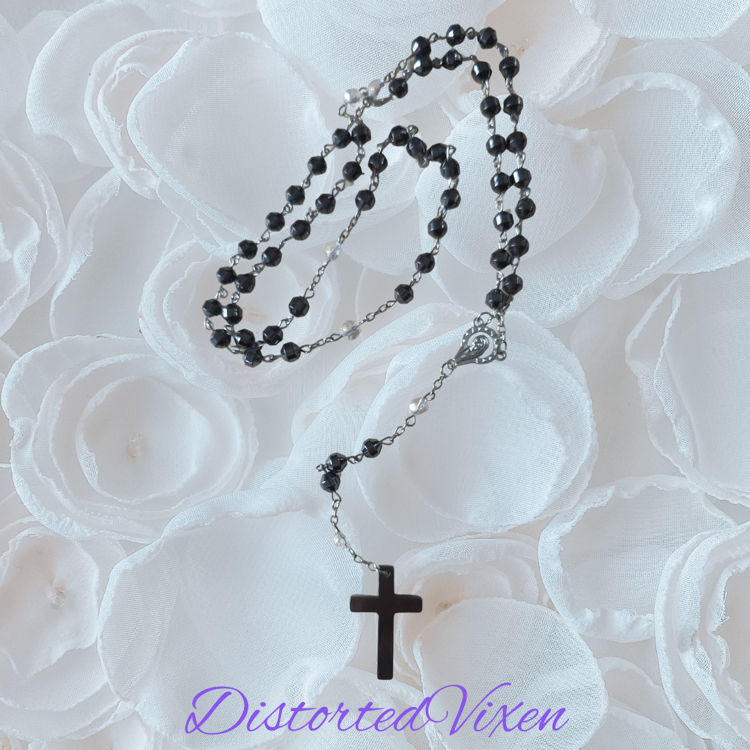 Black Hematite Rosary Necklace – Minimalist Cross, Gothic Prayer Beads, Grounding Jewelry