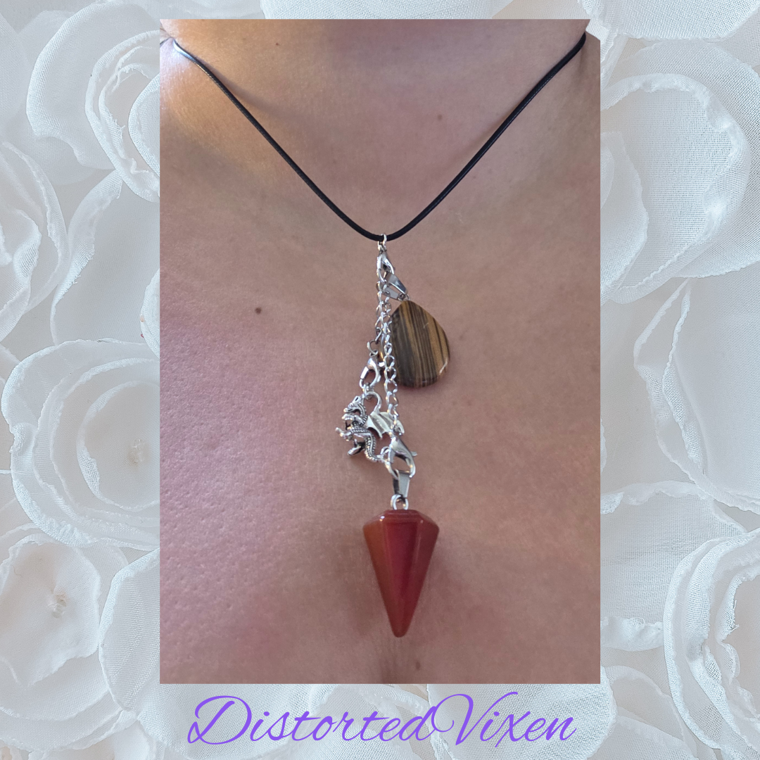 Red Jasper Pendulum & Tiger’s Eye Necklace, Interchangeable Charm Necklace with Dragon Charm