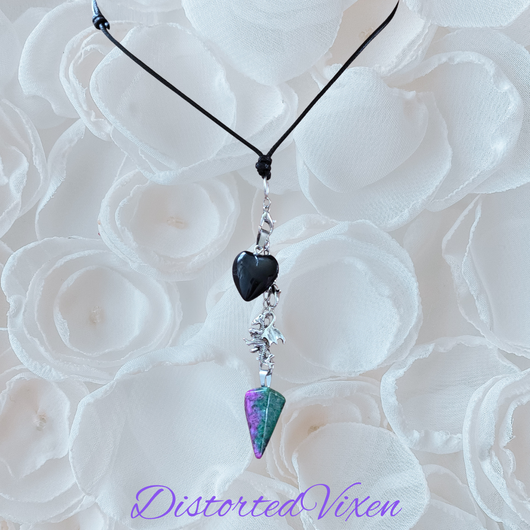 Black Obsidian Heart & Ruby Zoisite Pendulum Necklace – Interchangeable Dragon Charm Jewelry, Gothic Crystal Necklace