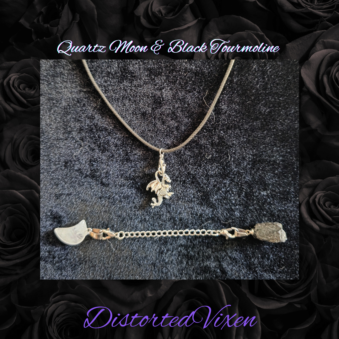 Quartz Moon & Black Tourmaline Necklace | Adjustable Crystal Jewelry by Distorted Vixen