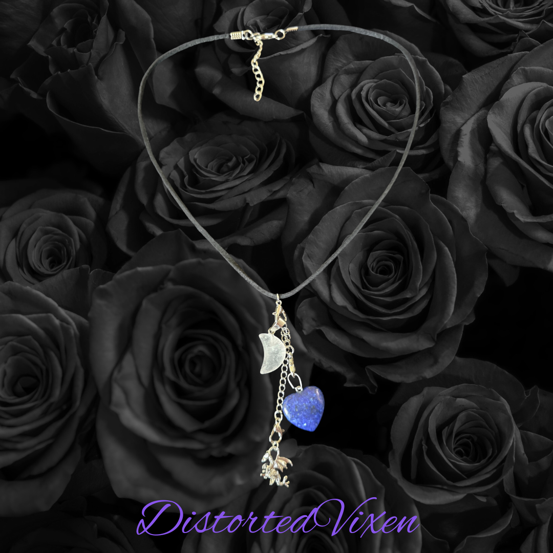Lapis Heart Necklace with Quartz Moon & Dragon Charm • Customizable Charm Necklace • Blue Crystal Heart Pendant • Witchy Jewelry