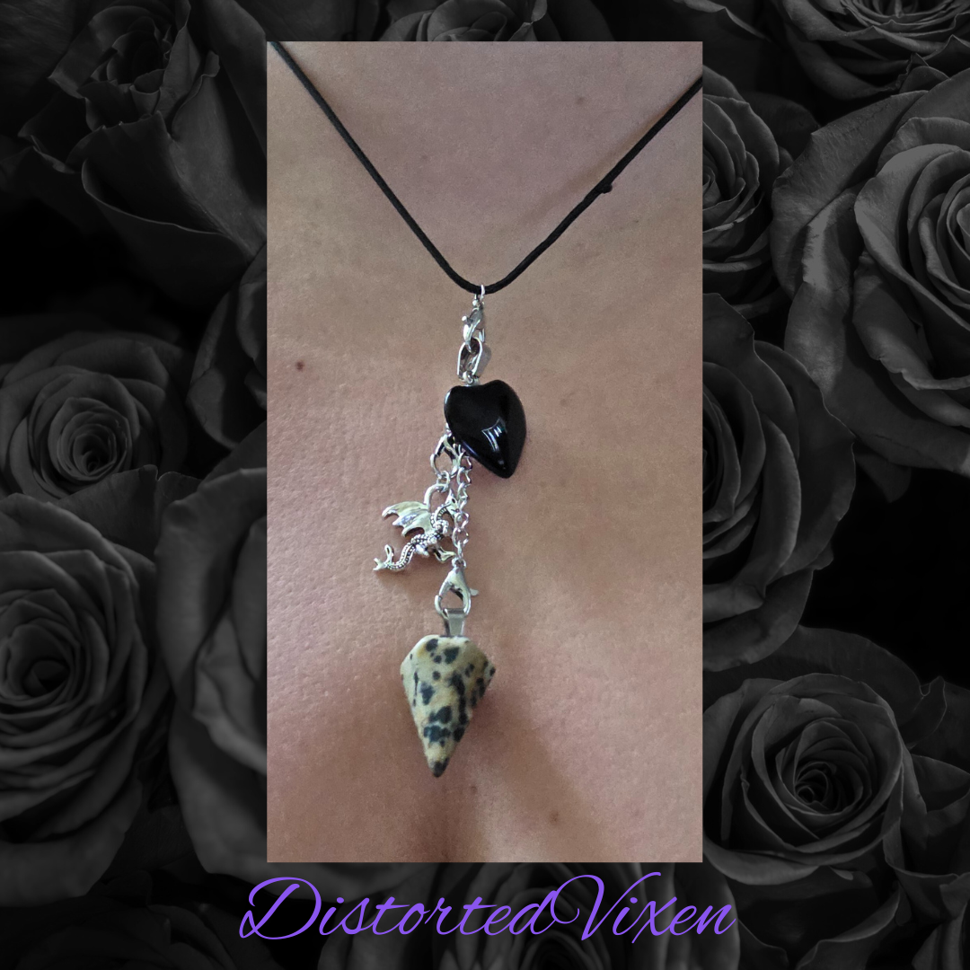 Obsidian Heart Necklace • Dalmatian Jasper Pendulum • Dragon Charm Jewelry