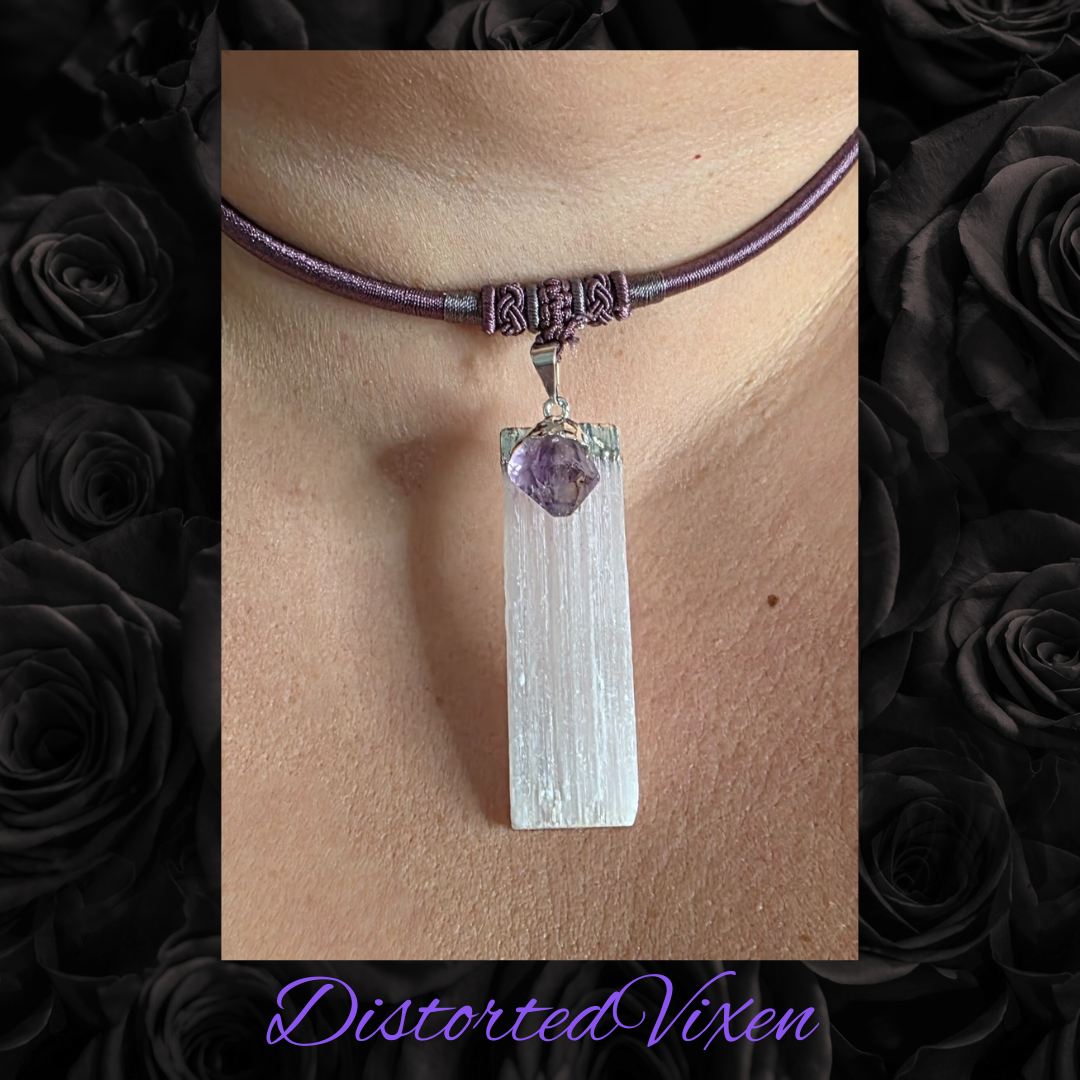 Amethyst & Selenite Necklace | Mauve Cord Choker | Crystal Healing Jewelry | Spiritual Protection Necklace
