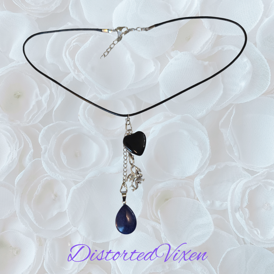 Black Obsidian & Lapis Lazuli Dragon Charm Convertible Necklace | Adjustable Cord |