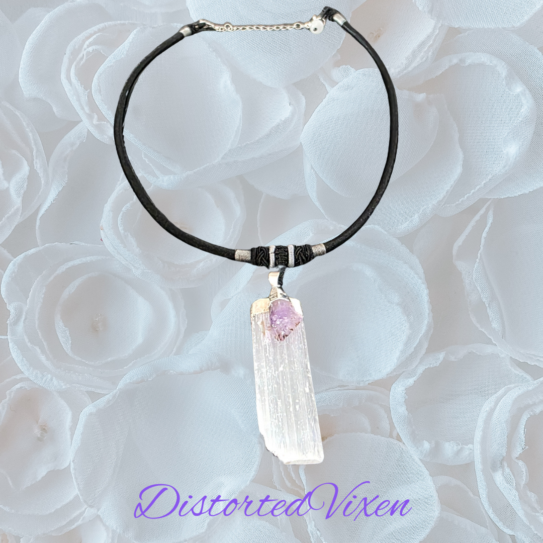 Amethyst & Selenite Energy Cleansing Necklace | Raw Crystal Pendant on Black Cord | Spiritual Protection & Calm Energy Jewelry