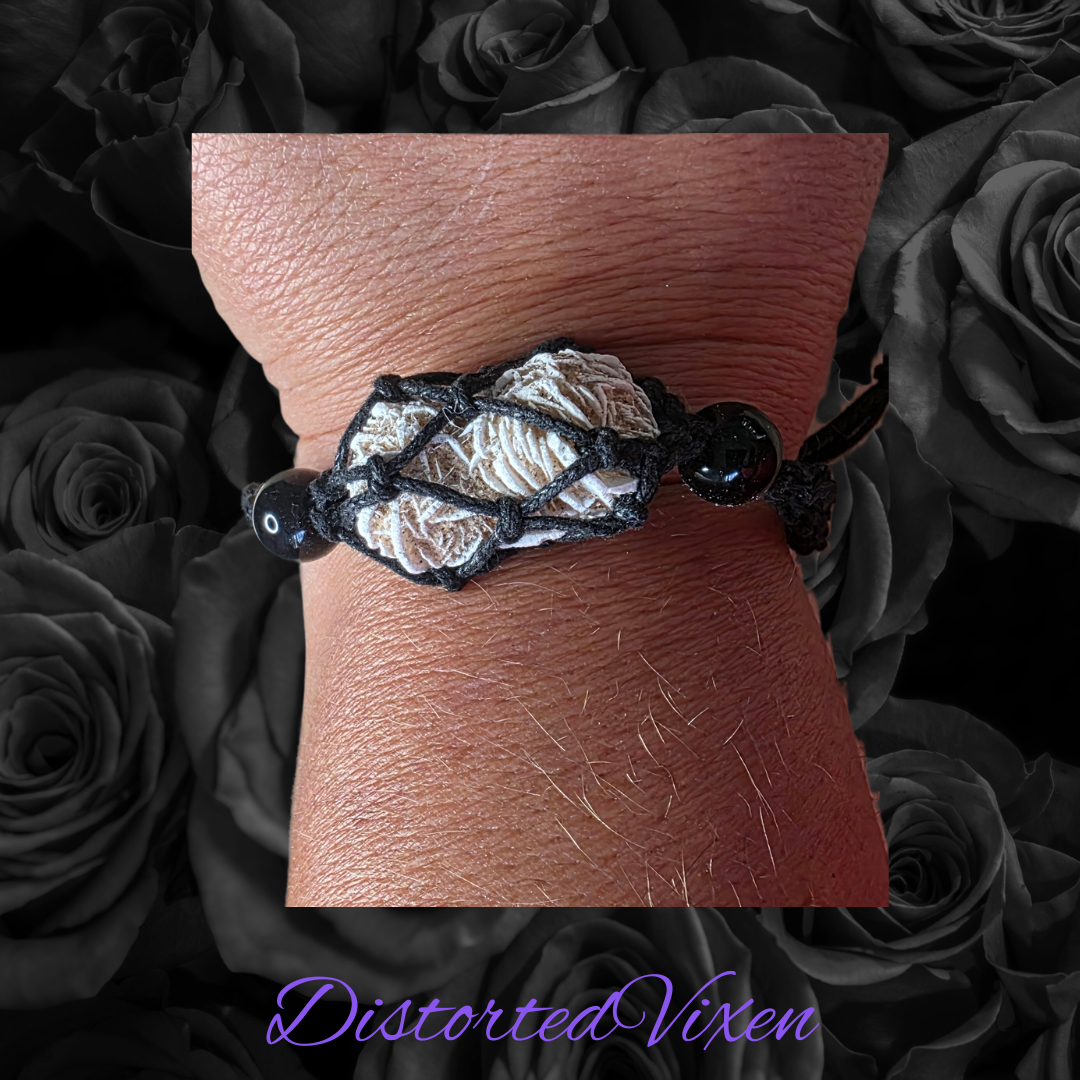Desert Rose Crystal Bracelet – Adjustable Macramé Pouch – Protection & Clarity Jewelry