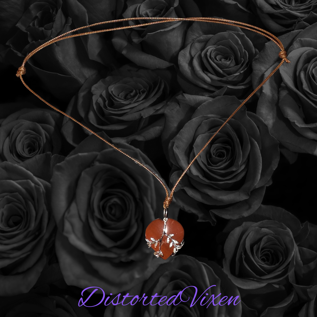 Red Jasper Heart Necklace with Silver Vine Detail Adjustable Cord for Women's Jewelry
