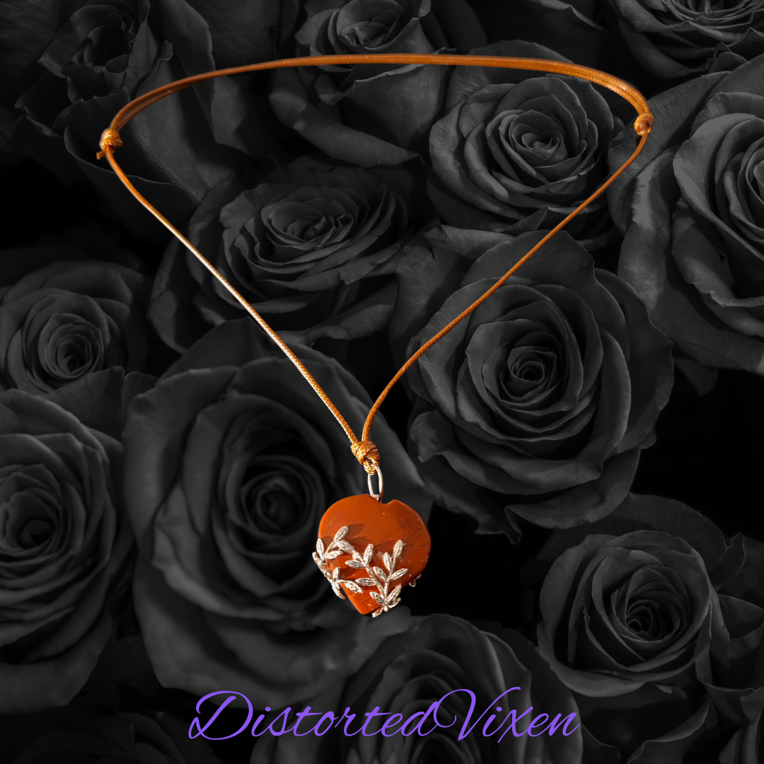 Red Jasper Heart Necklace with Silver Vine Detail Adjustable Cord for Women's Jewelry