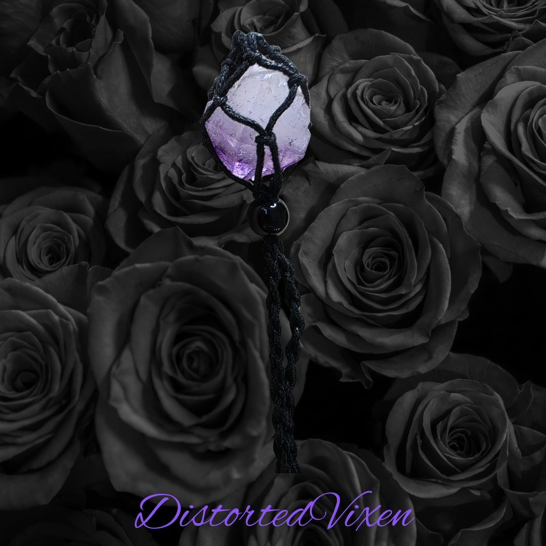 Amethyst Crystal Necklace – Adjustable Macramé Pouch – Healing & Intuition Jewelry