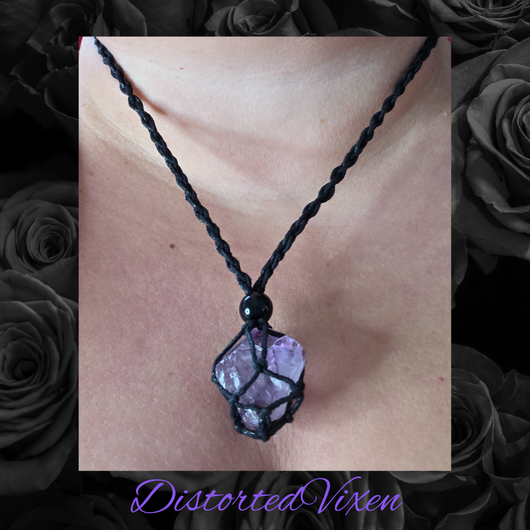 Amethyst Crystal Necklace – Adjustable Macramé Pouch – Healing & Intuition Jewelry