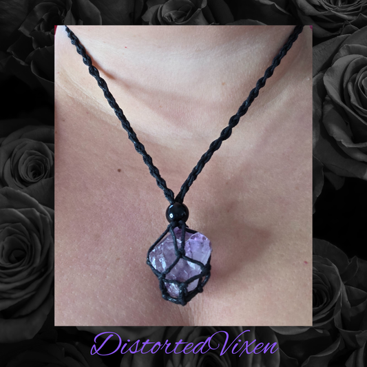 Amethyst Crystal Necklace – Adjustable Macramé Pouch – Healing & Intuition Jewelry