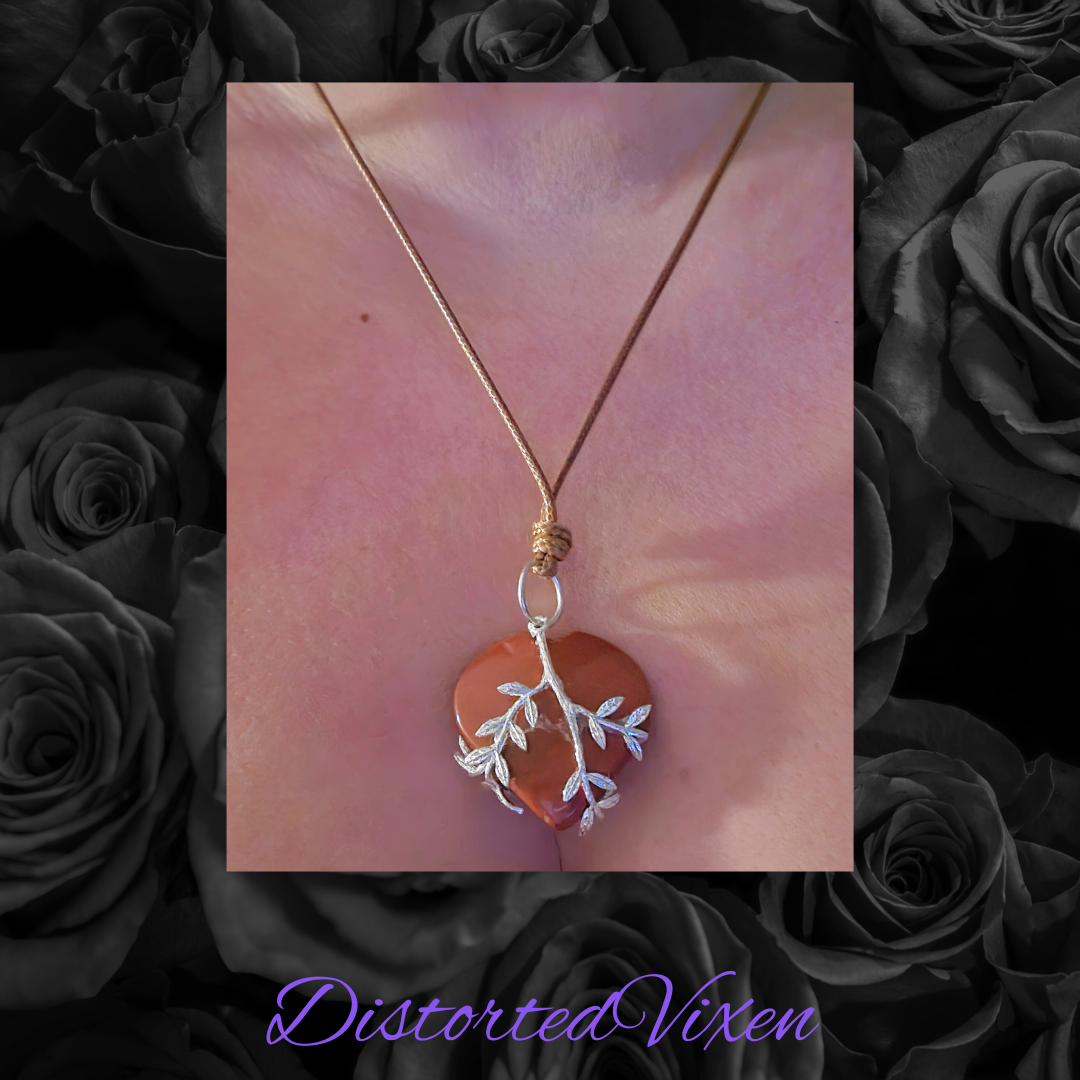 Red Jasper Heart Necklace with Silver Vine Detail Adjustable Cord for Women's Jewelry