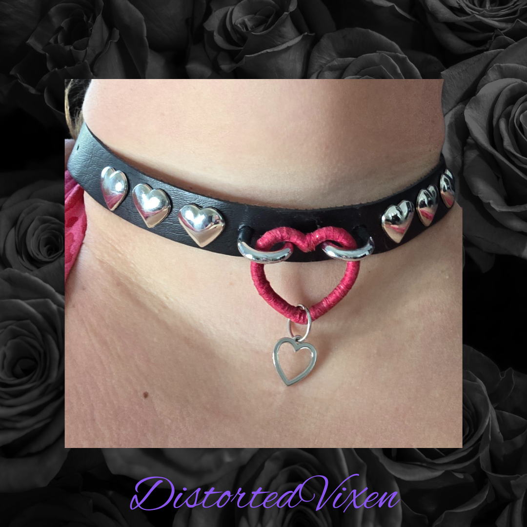 Black Heart Choker Necklace – Gothic Faux Leather Collar with Red Heart Ring & Silver Heart Studs | Alternative Valentine Jewelry