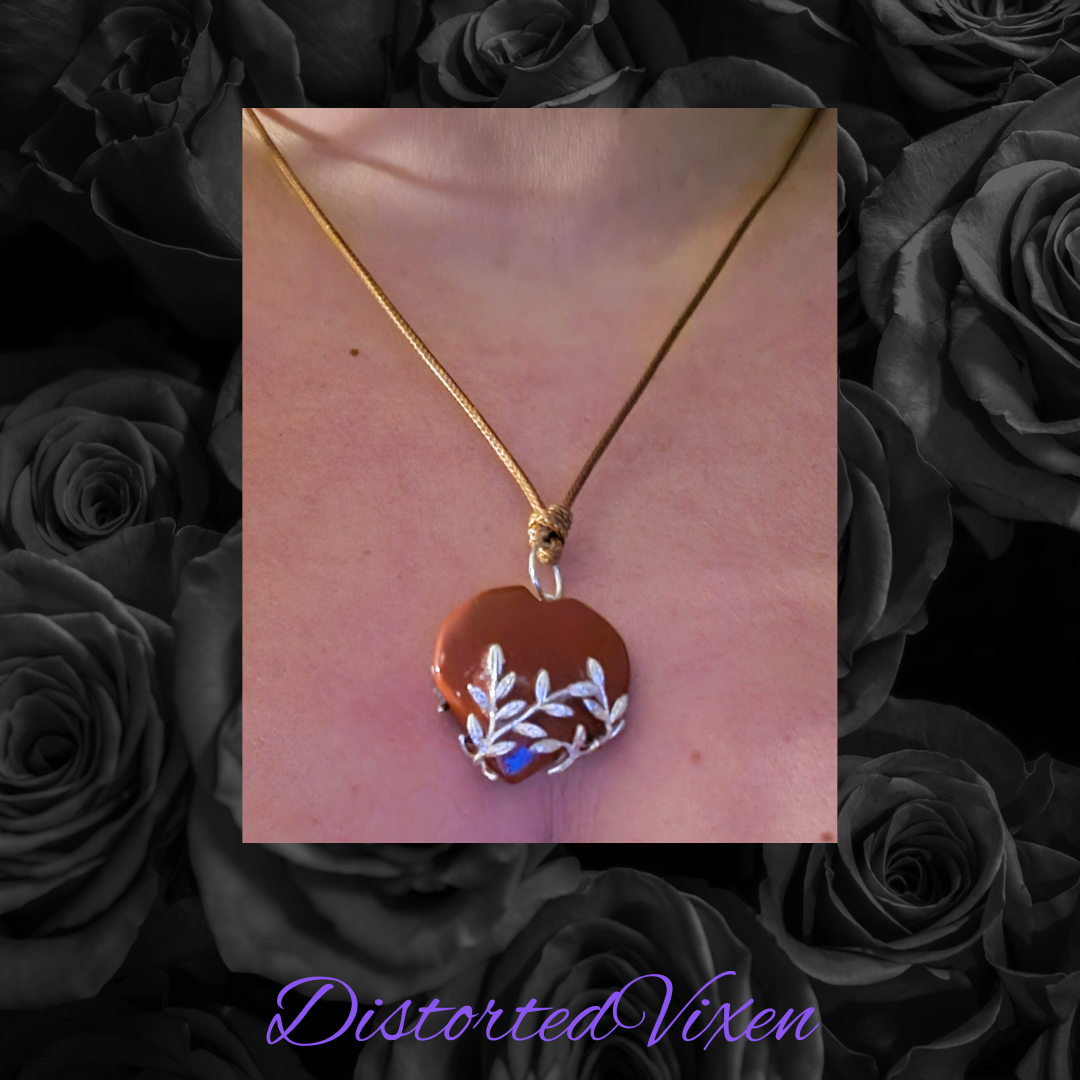 Red Jasper Heart Necklace with Silver Vine Detail Adjustable Cord for Women's Jewelry