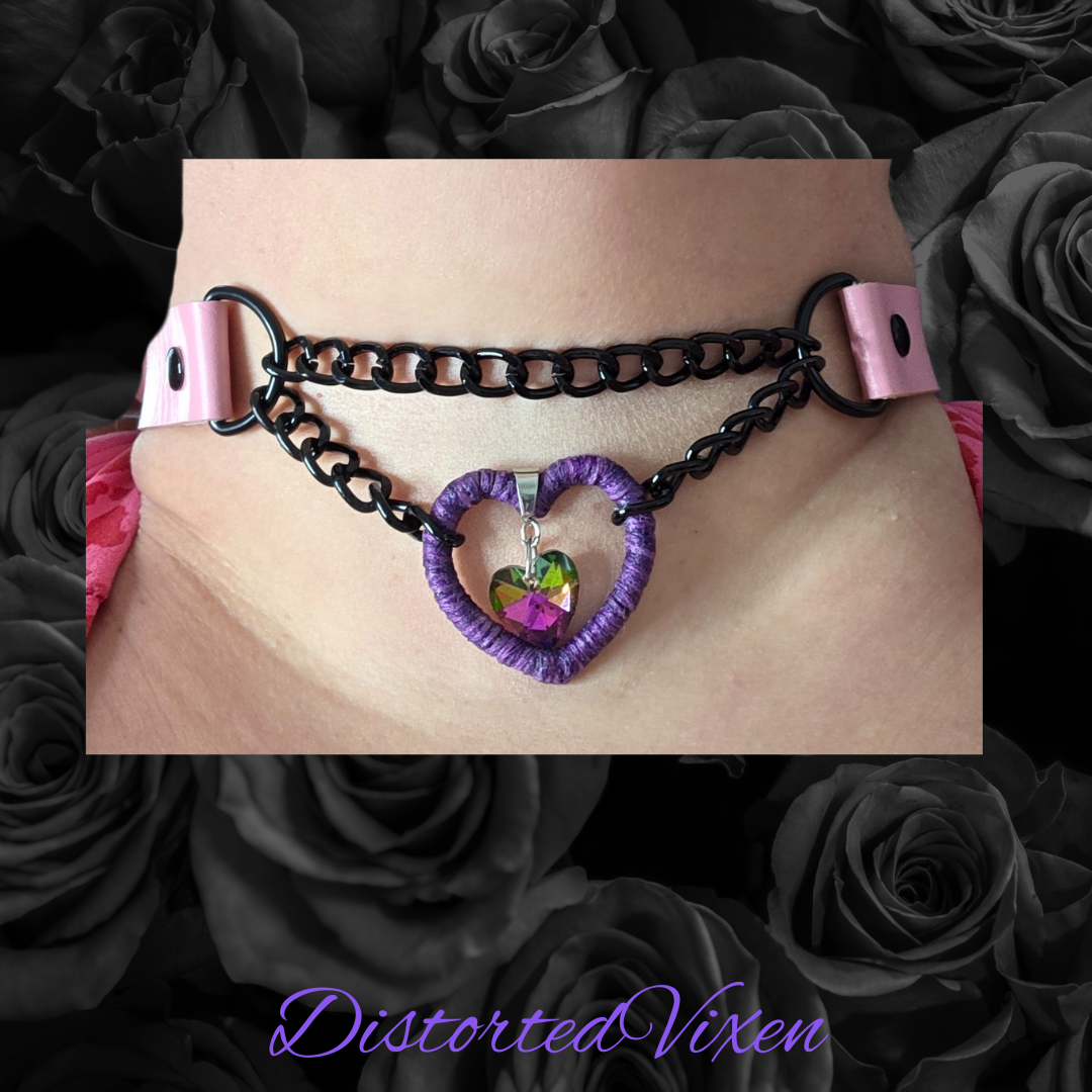 Purple Heart Choker Necklace, Gothic Chain Valentine Choker, Alternative Goth Jewelry