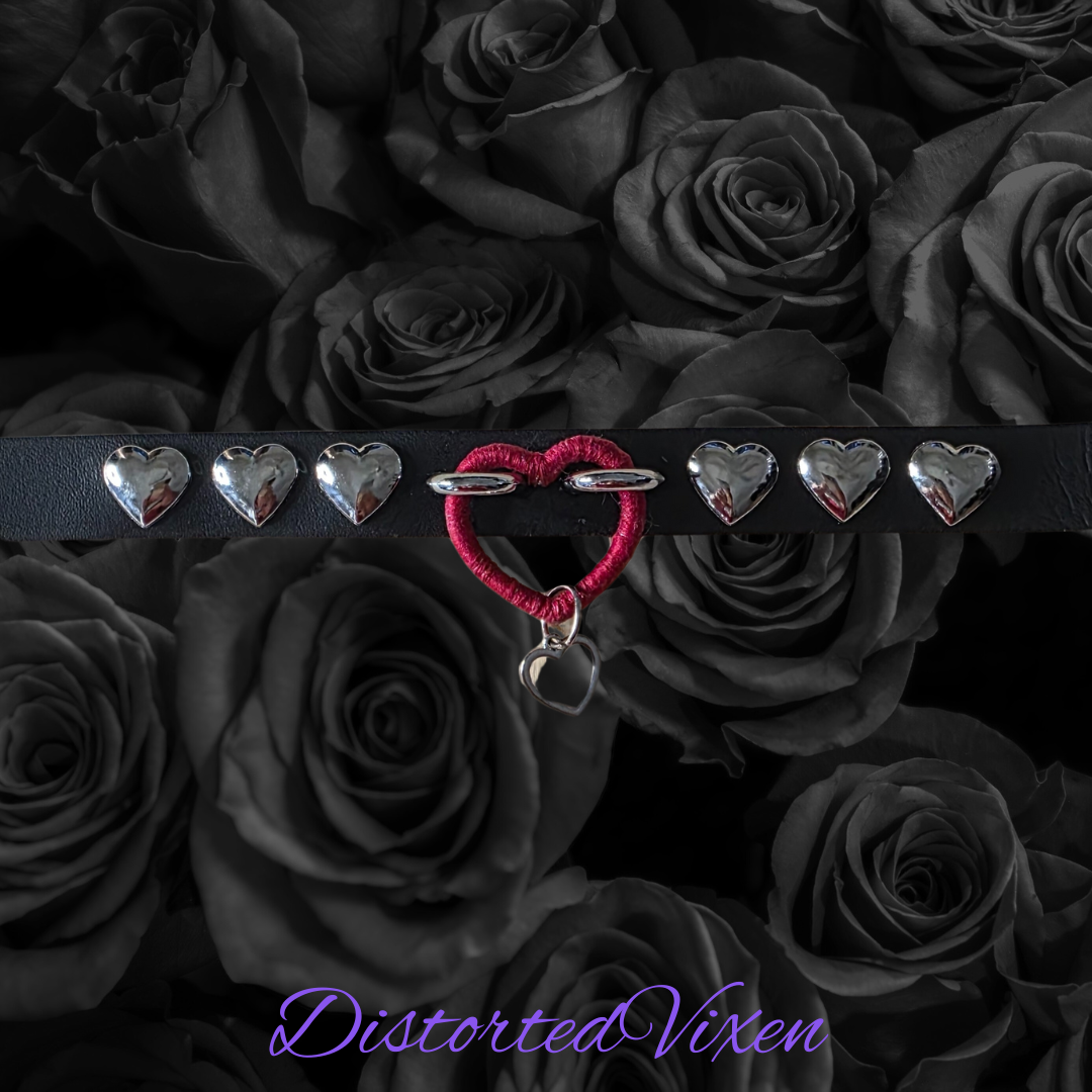 Black Heart Choker Necklace – Gothic Faux Leather Collar with Red Heart Ring & Silver Heart Studs | Alternative Valentine Jewelry