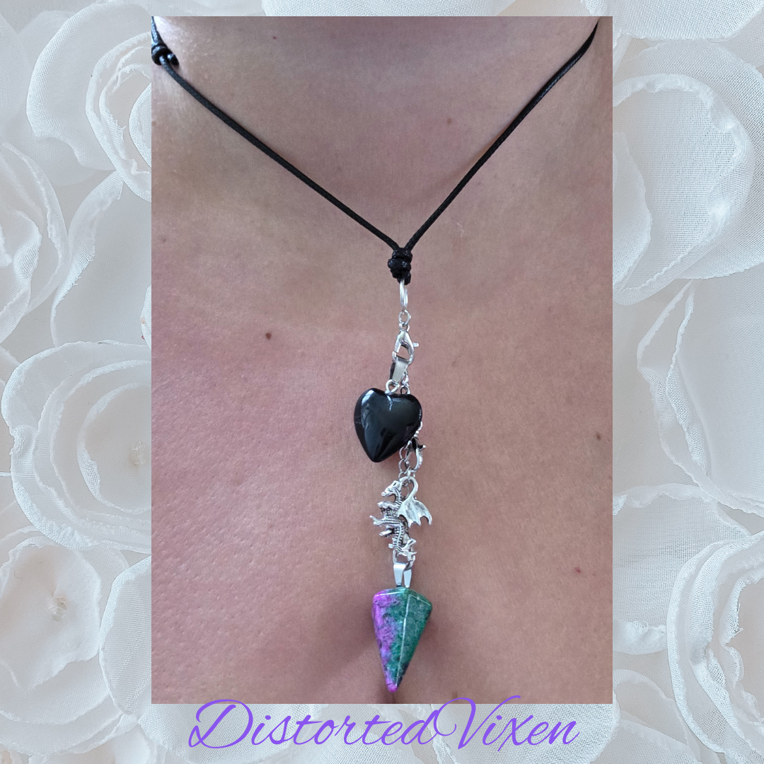 Black Obsidian Heart & Ruby Zoisite Pendulum Necklace – Interchangeable Dragon Charm Jewelry, Gothic Crystal Necklace