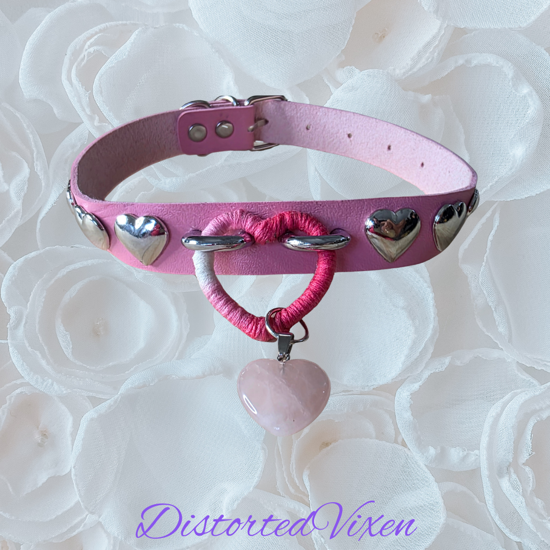 Pink Wrapped Heart Choker – Rose Quartz Charm Collar, Studded Gothic Necklace