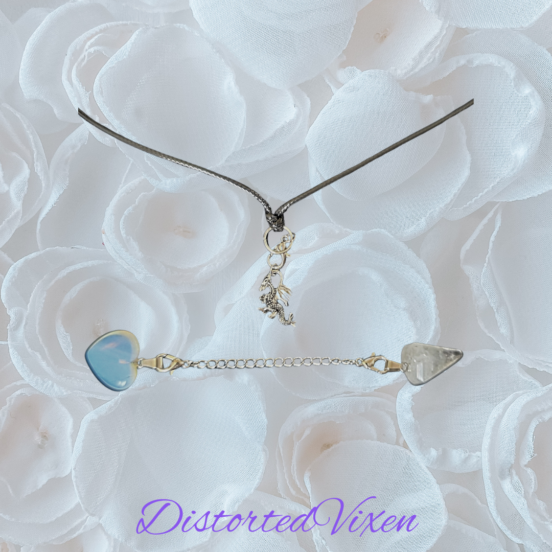 Quartz Pendulum & Opalite Heart Necklace – Interchangeable Dragon Charm, Modular Gothic Jewelry