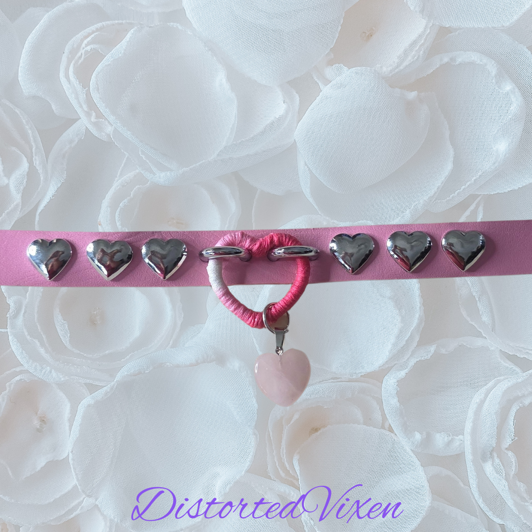 Pink Wrapped Heart Choker – Rose Quartz Charm Collar, Studded Gothic Necklace