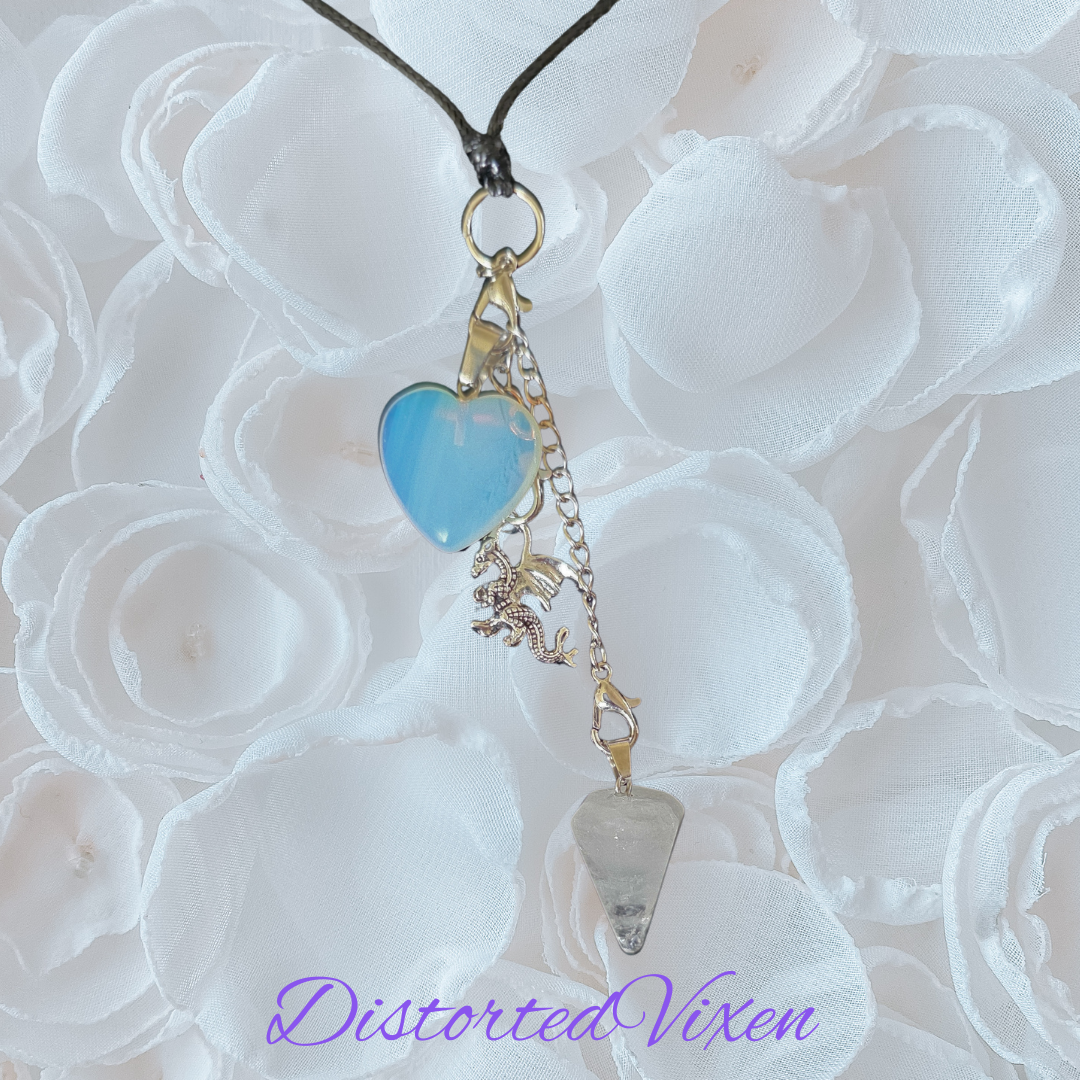 Quartz Pendulum & Opalite Heart Necklace – Interchangeable Dragon Charm, Modular Gothic Jewelry
