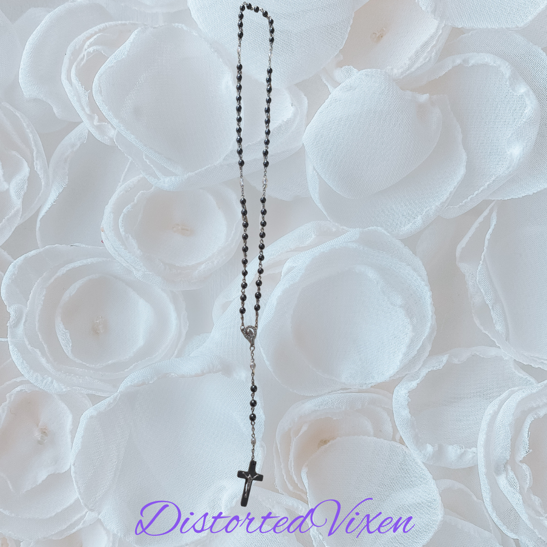 Black hematite Rosary Necklace – Crucifix Pendant, Gothic Cross Jewelry, Beaded Prayer Necklace