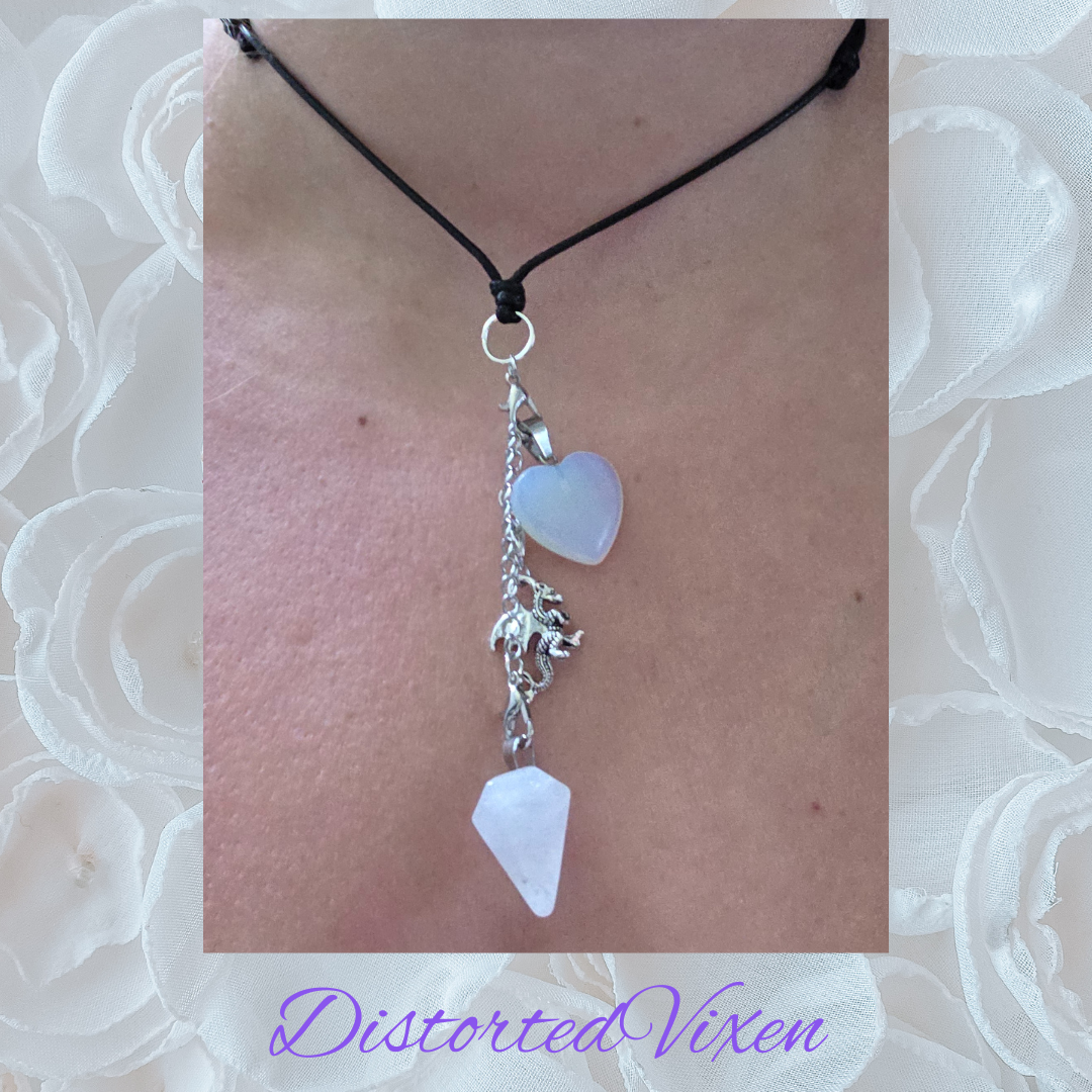 Quartz Pendulum & Opalite Heart Necklace – Interchangeable Dragon Charm, Modular Gothic Jewelry
