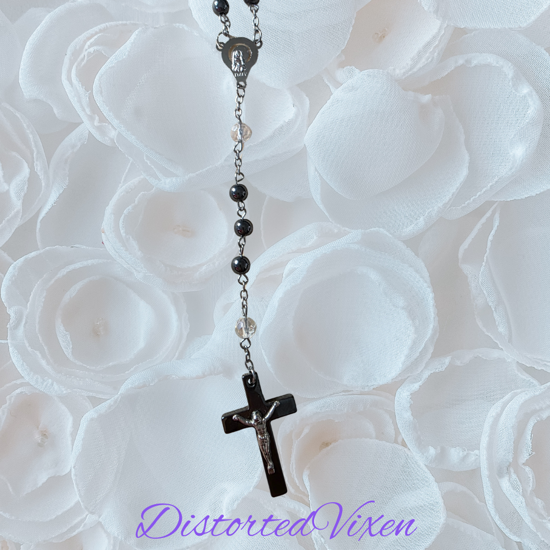 Black hematite Rosary Necklace – Crucifix Pendant, Gothic Cross Jewelry, Beaded Prayer Necklace