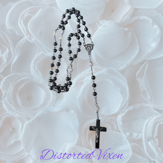 Black hematite Rosary Necklace – Crucifix Pendant, Gothic Cross Jewelry, Beaded Prayer Necklace