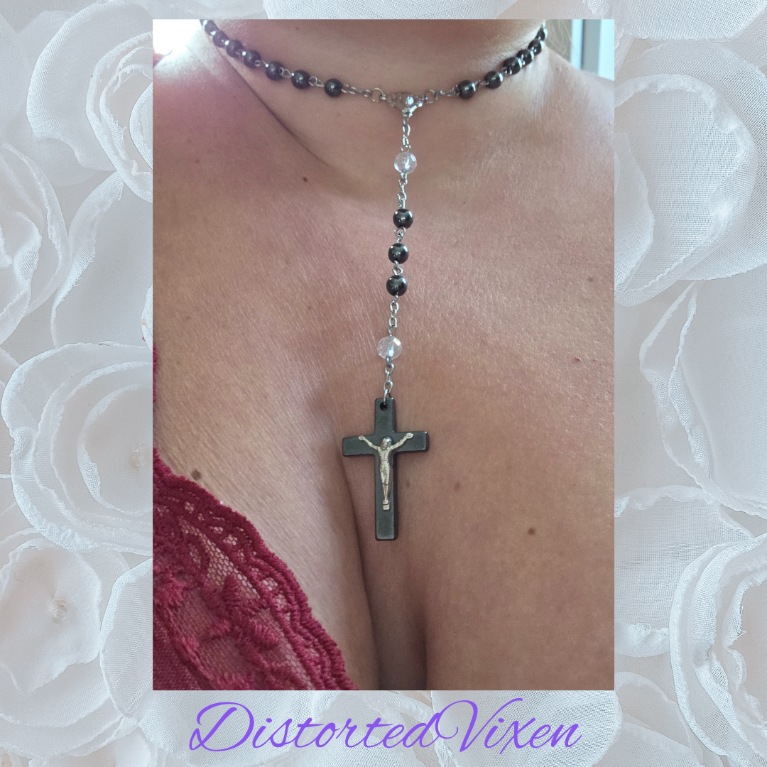 Black hematite Rosary Necklace – Crucifix Pendant, Gothic Cross Jewelry, Beaded Prayer Necklace