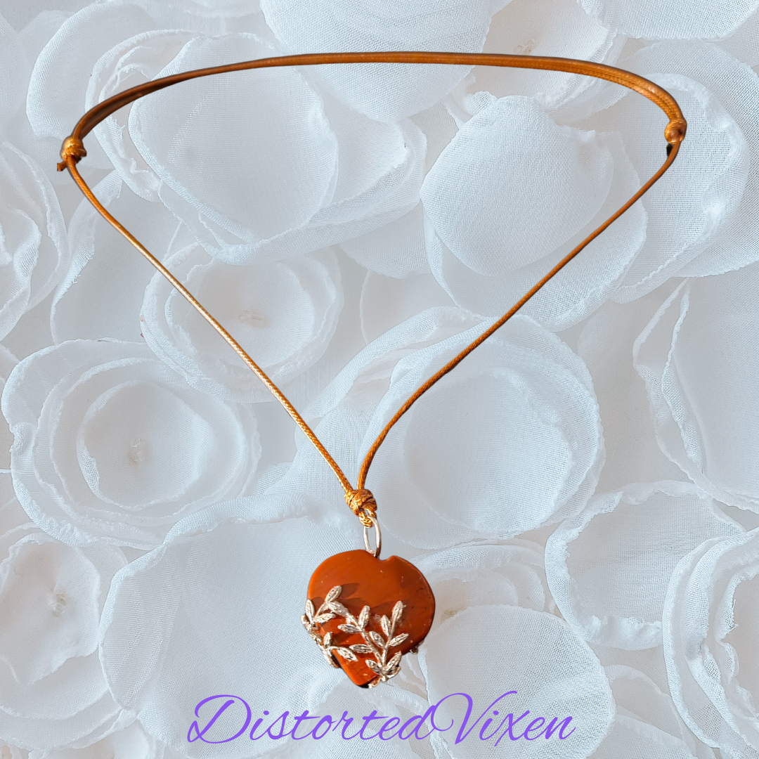 Red Jasper Heart Necklace with Silver Vine Detail Adjustable Cord for Women's Jewelry
