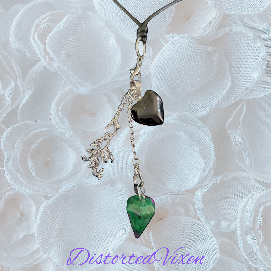 Black Obsidian Heart & Ruby Zoisite Pendulum Necklace – Interchangeable Dragon Charm Jewelry, Gothic Crystal Necklace