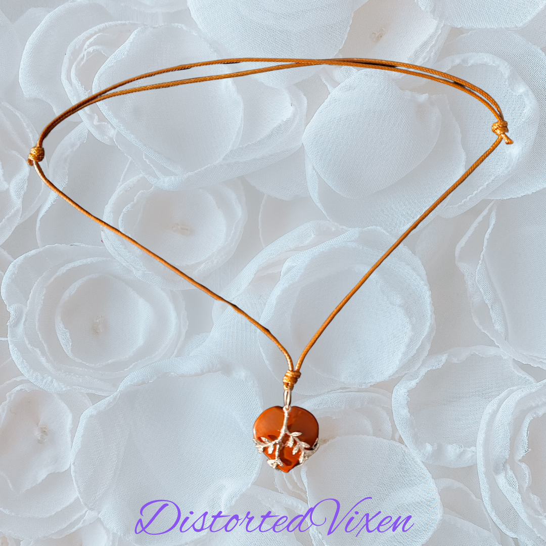 Red Jasper Heart Necklace with Silver Vine Detail Adjustable Cord for Women's Jewelry