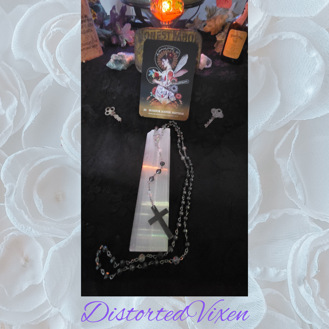 Black Hematite Rosary Necklace – Minimalist Cross, Gothic Prayer Beads, Grounding Jewelry