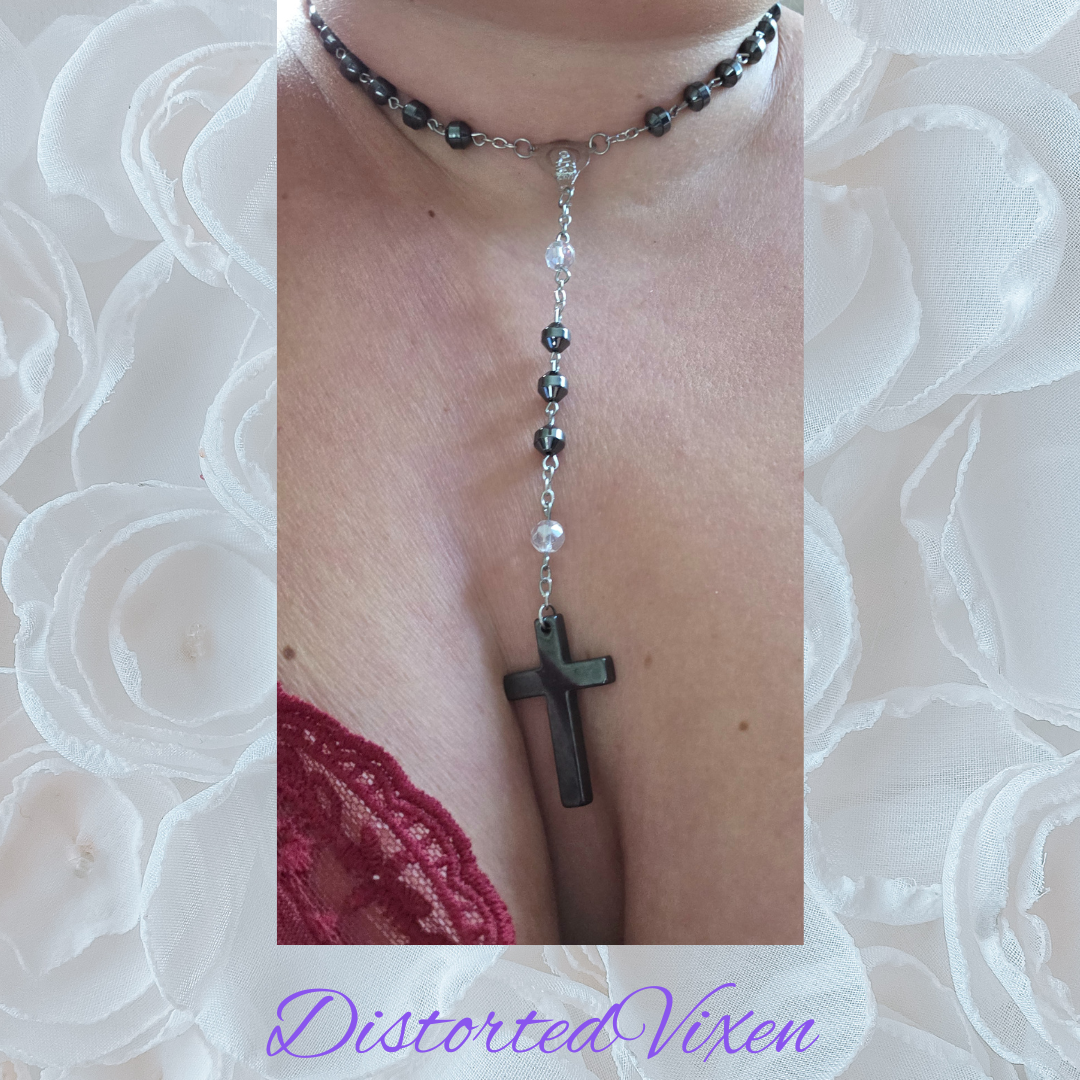 Black Hematite Rosary Necklace – Minimalist Cross, Gothic Prayer Beads, Grounding Jewelry