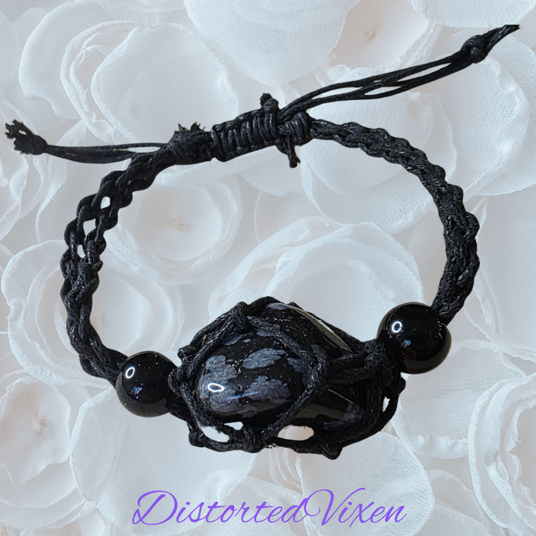 Snowflake Obsidian Macrame Bracelet – Adjustable & Interchangeable