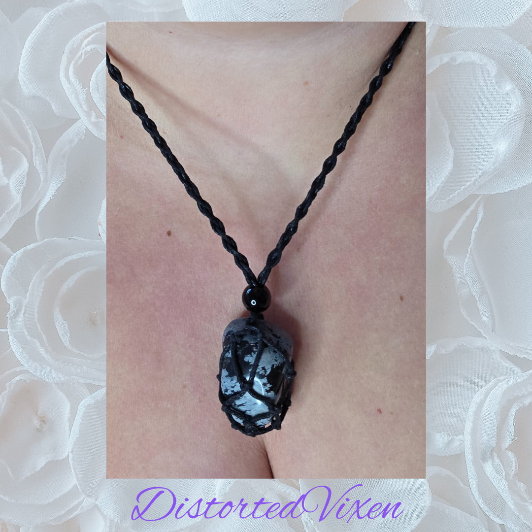 Snowflake Obsidian Macrame Necklace – Adjustable & Interchangeable