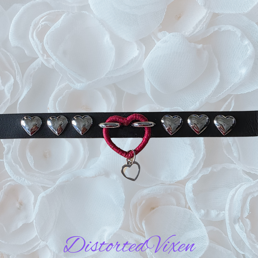 Black Heart Choker Necklace – Gothic Faux Leather Collar with Red Heart Ring & Silver Heart Studs | Alternative Valentine Jewelry