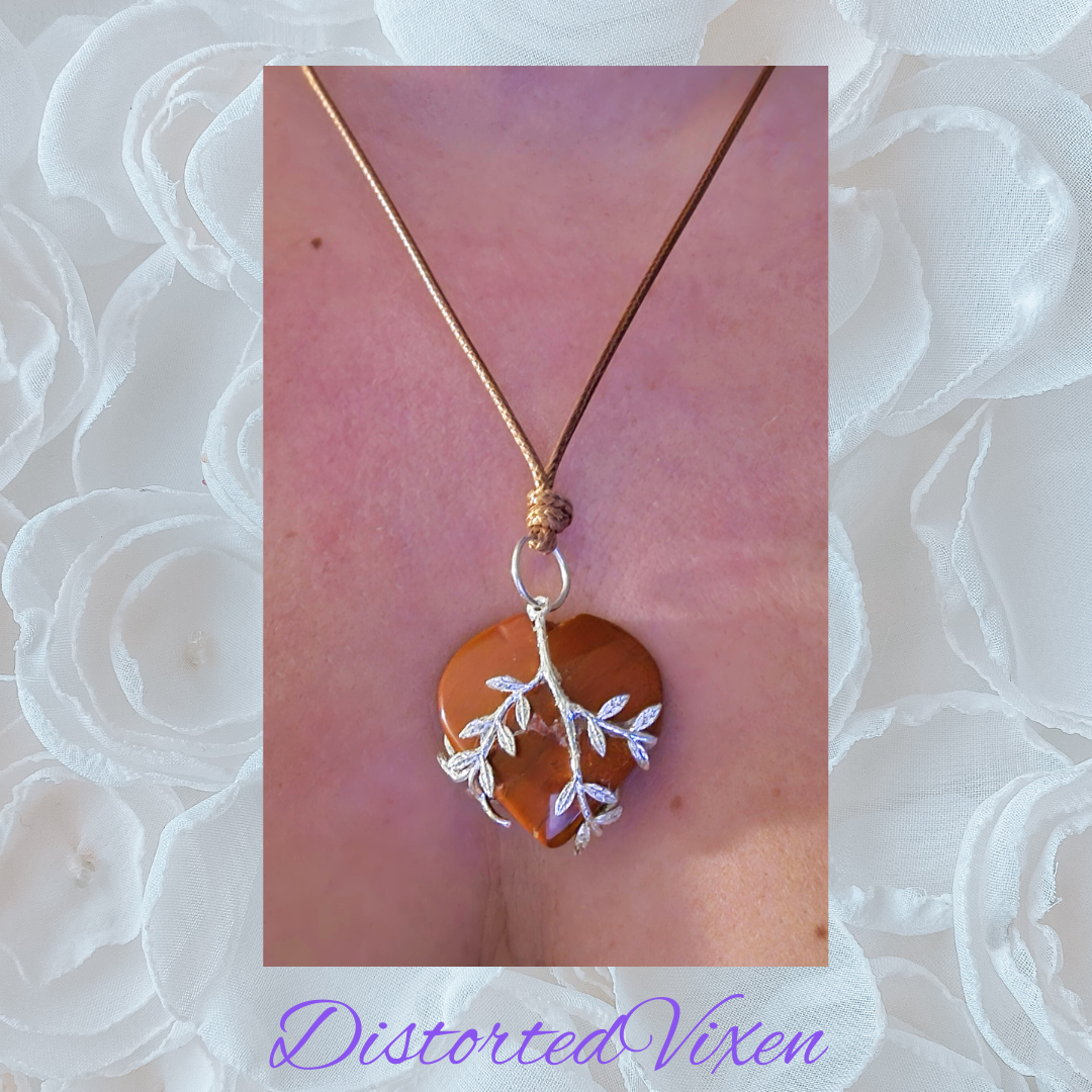 Red Jasper Heart Necklace with Silver Vine Detail Adjustable Cord for Women's Jewelry