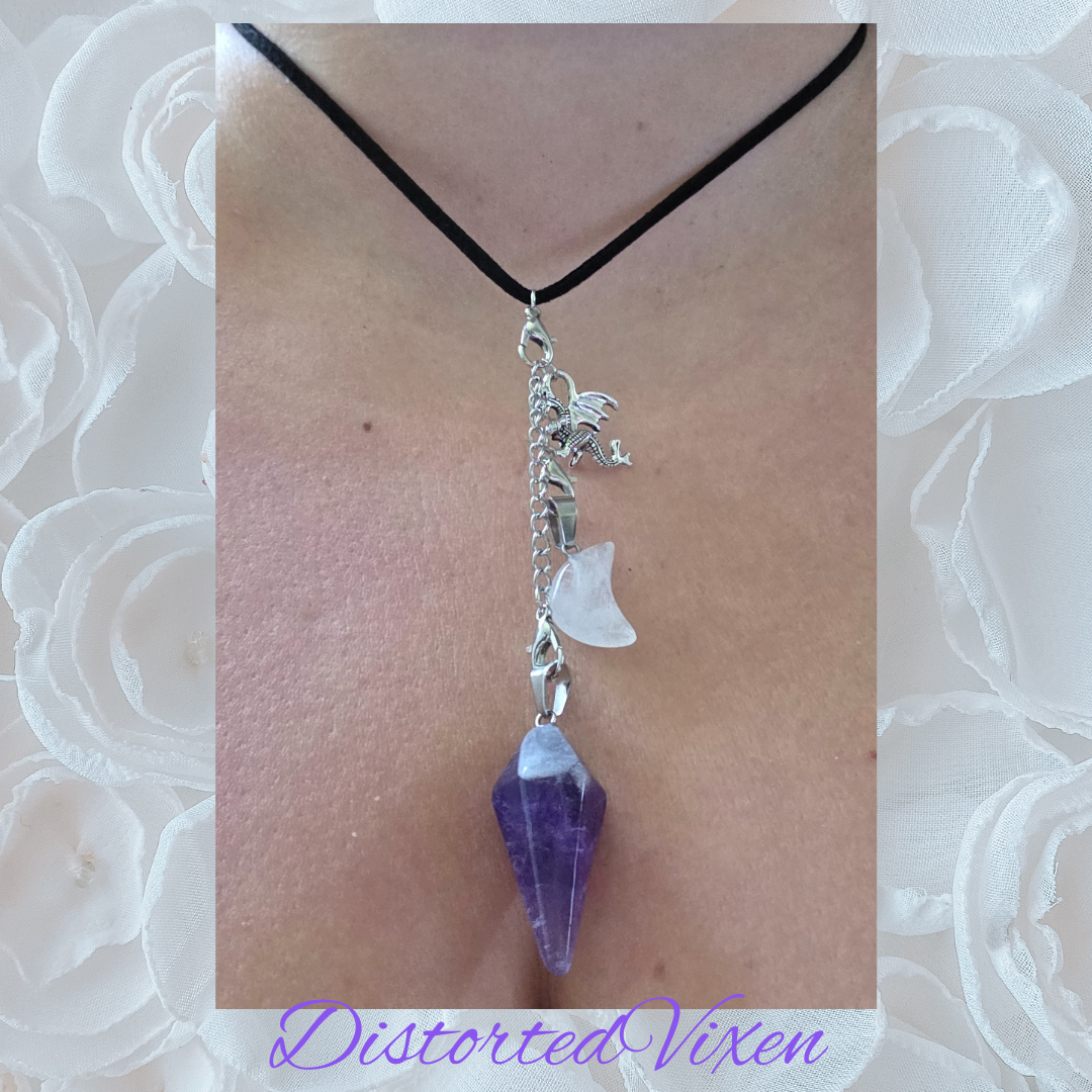 Dragon Amethyst Pendulum Necklace • Clear Quartz Moon • Witch Divination Jewelry • Crystal Dowsing Tool