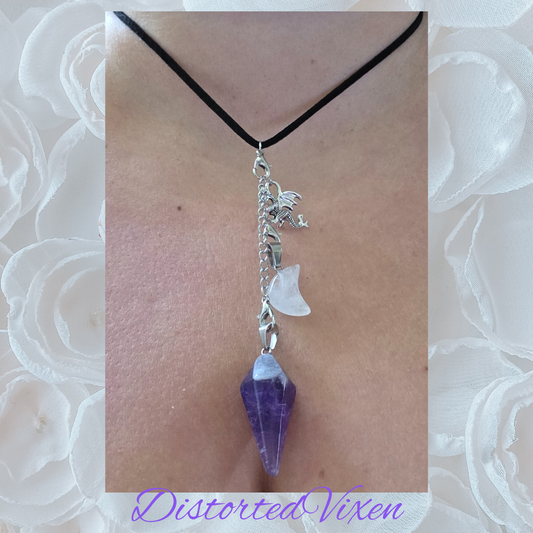 Dragon Amethyst Pendulum Necklace • Clear Quartz Moon • Witch Divination Jewelry • Crystal Dowsing Tool