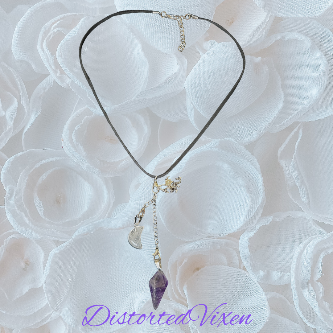 Dragon Amethyst Pendulum Necklace • Clear Quartz Moon • Witch Divination Jewelry • Crystal Dowsing Tool