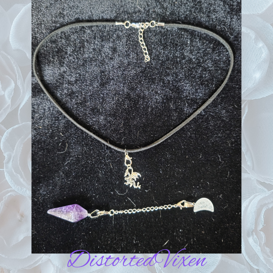 Dragon Amethyst Pendulum Necklace • Clear Quartz Moon • Witch Divination Jewelry • Crystal Dowsing Tool