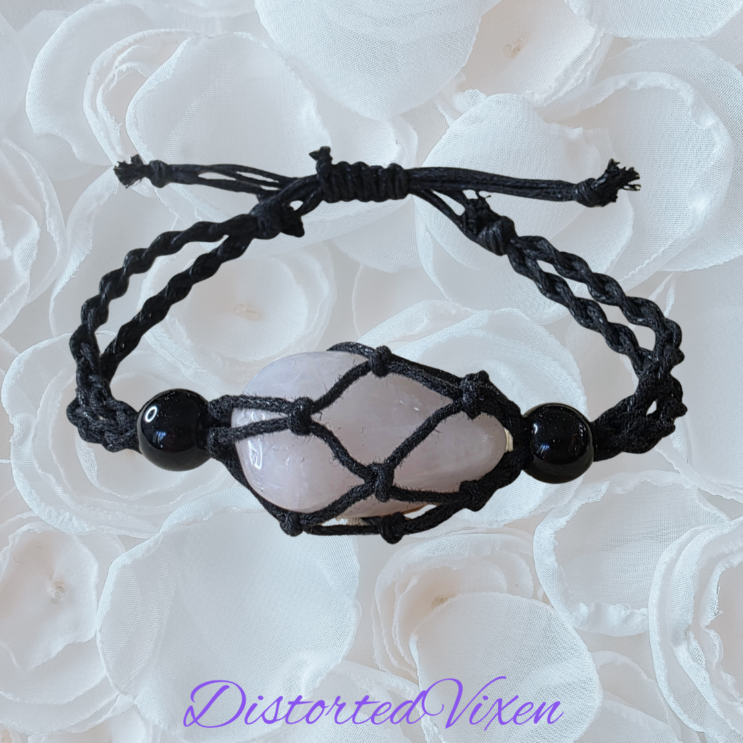Rose Quartz Macramé Bracelet – Adjustable Crystal Jewelry, Witchy Handmade Aesthetic