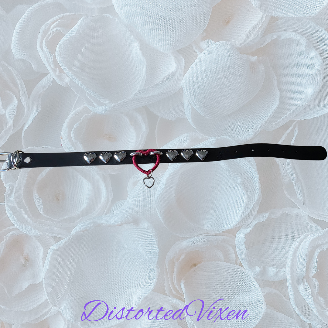 Black Heart Choker Necklace – Gothic Faux Leather Collar with Red Heart Ring & Silver Heart Studs | Alternative Valentine Jewelry