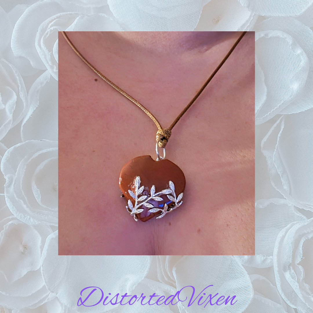 Red Jasper Heart Necklace with Silver Vine Detail Adjustable Cord for Women's Jewelry