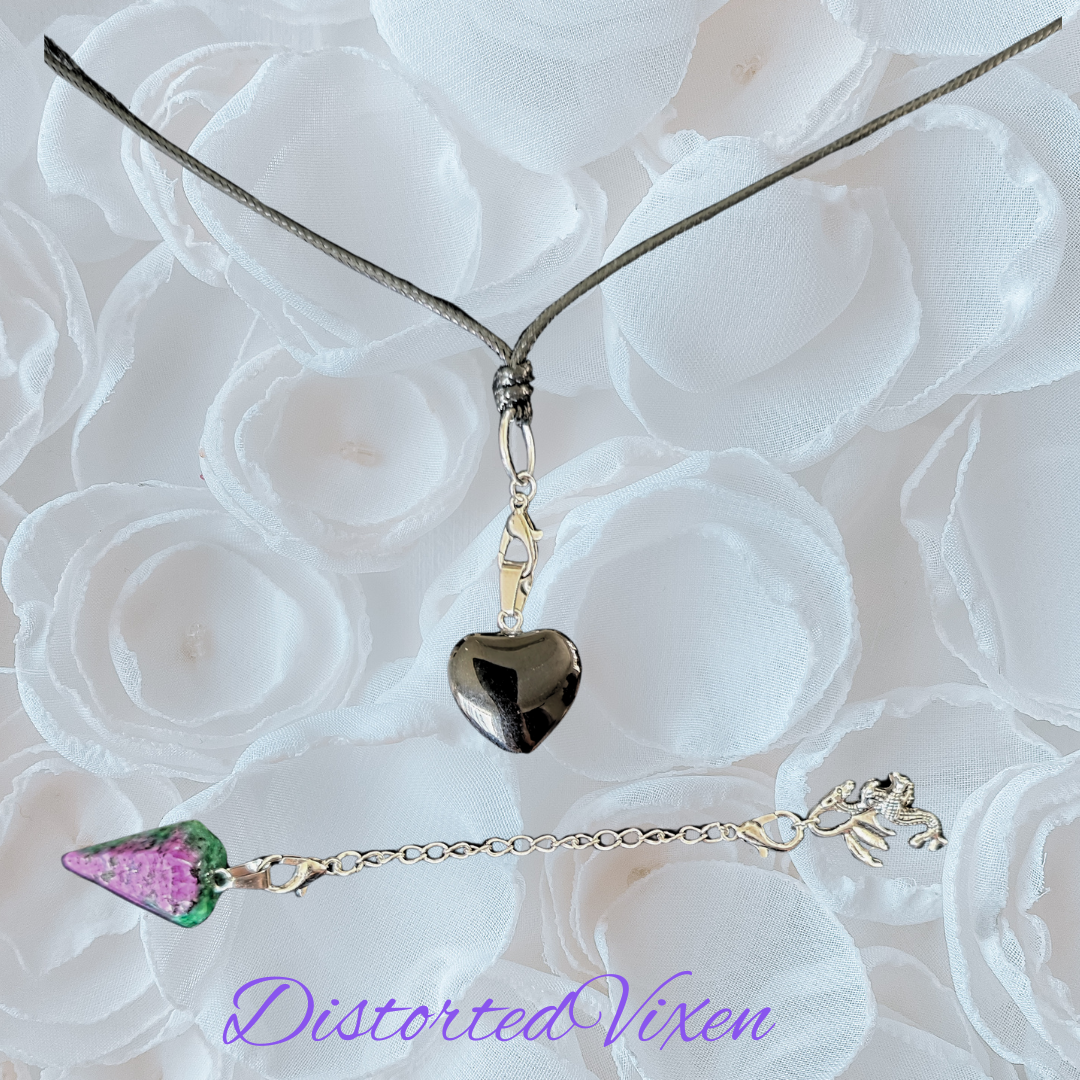 Black Obsidian Heart & Ruby Zoisite Pendulum Necklace – Interchangeable Dragon Charm Jewelry, Gothic Crystal Necklace