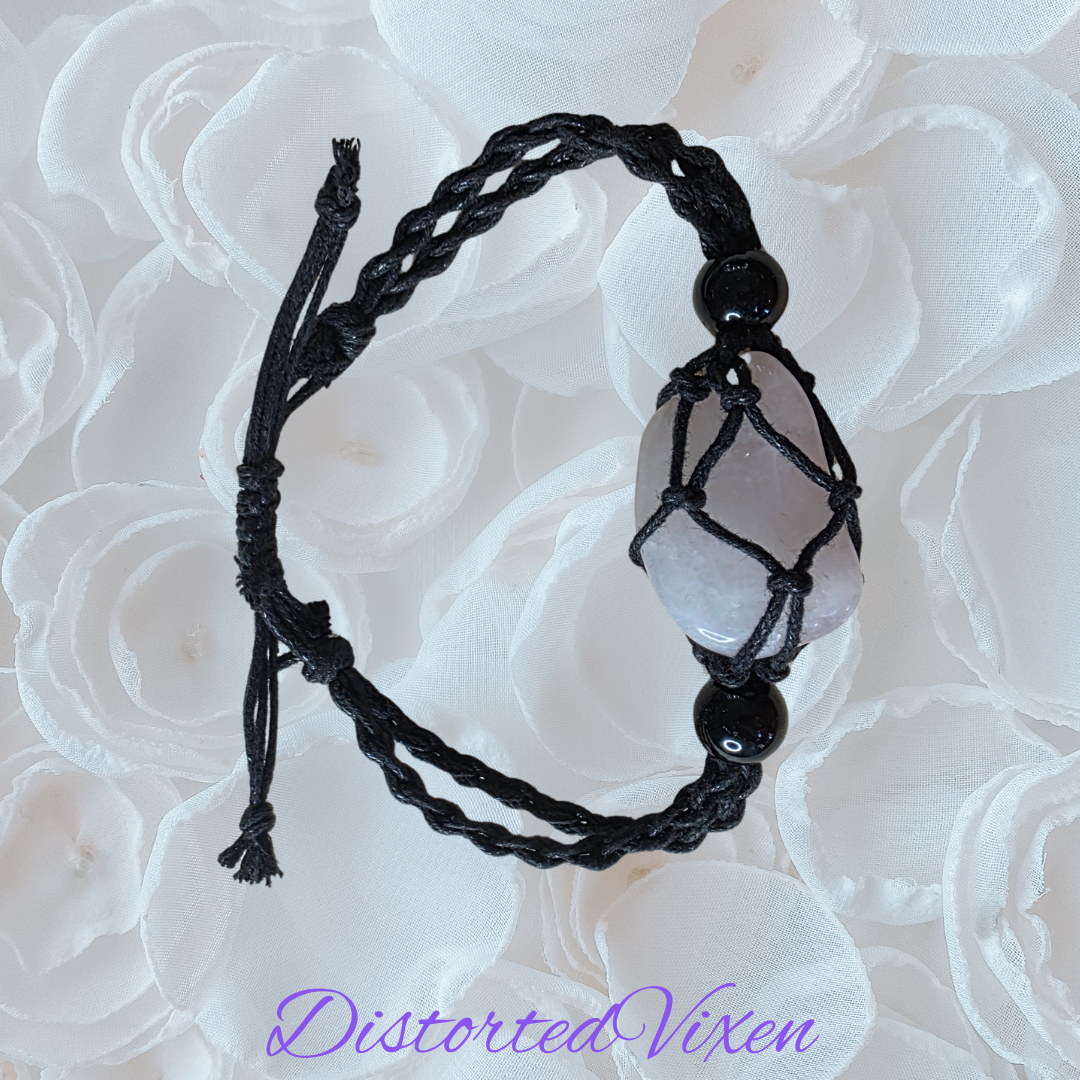 Rose Quartz Macramé Bracelet – Adjustable Crystal Jewelry, Witchy Handmade Aesthetic