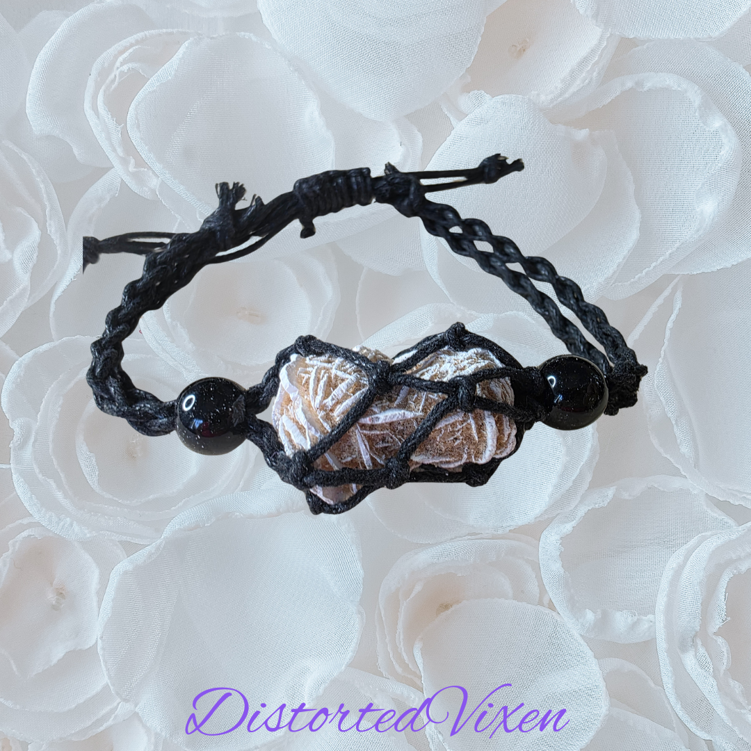 Desert Rose Crystal Bracelet – Adjustable Macramé Pouch – Protection & Clarity Jewelry
