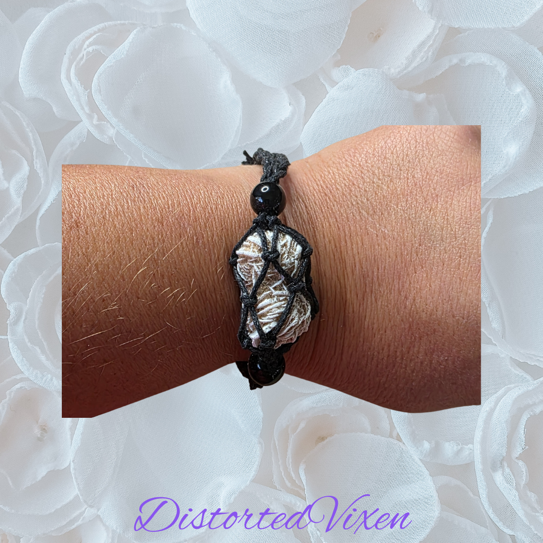 Desert Rose Crystal Bracelet – Adjustable Macramé Pouch – Protection & Clarity Jewelry